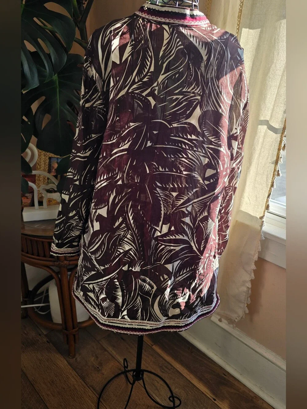Tory Burch Brown White Leaf Print Embroidered Trim Cotton Tunic Blouse 14 EUC